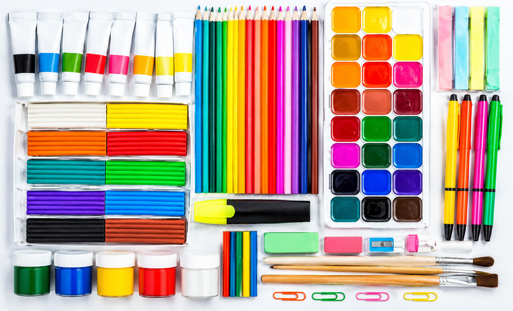 colorful art supplies flat lay