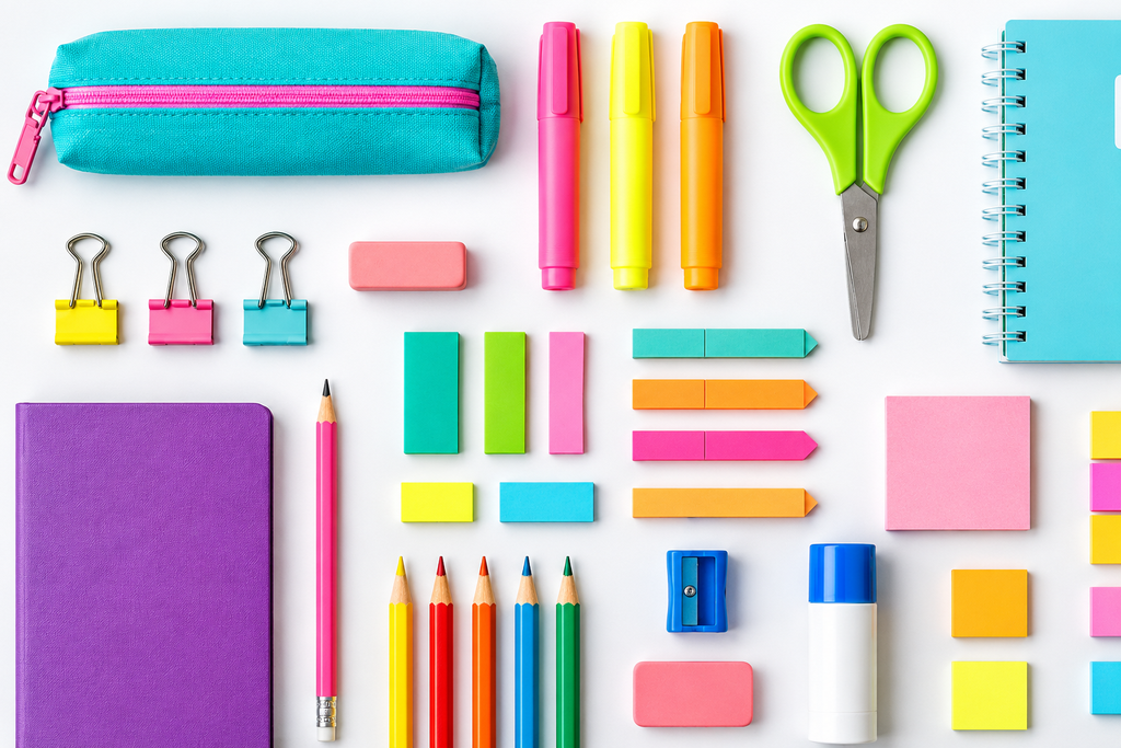 colorful stationery flat lay